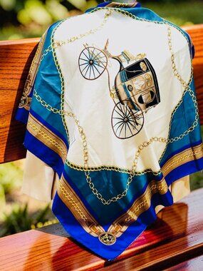 VGT Weill Paris Scarf Shawl Silk 34" Ivery Blue Purple Brown Carriage Gold(23
